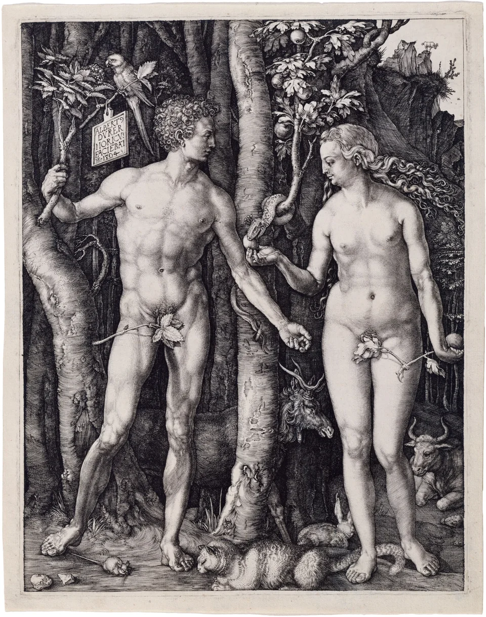 Dürer’s engraving of Adam and Eve standing beside a tree and serpent, surrounded by animals.