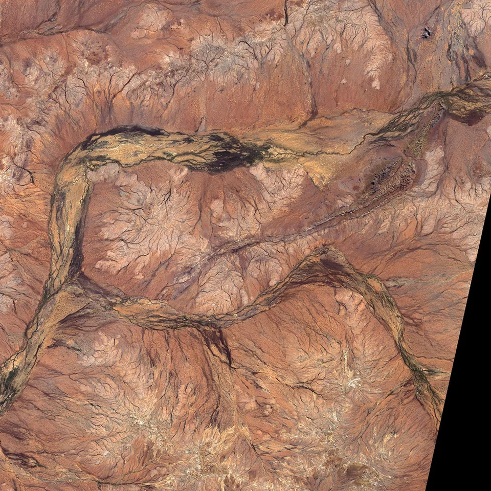 Satellite view of Western Australia’s reddish Jack Hills, crossed by branching pale streambeds and dark ridgelines.