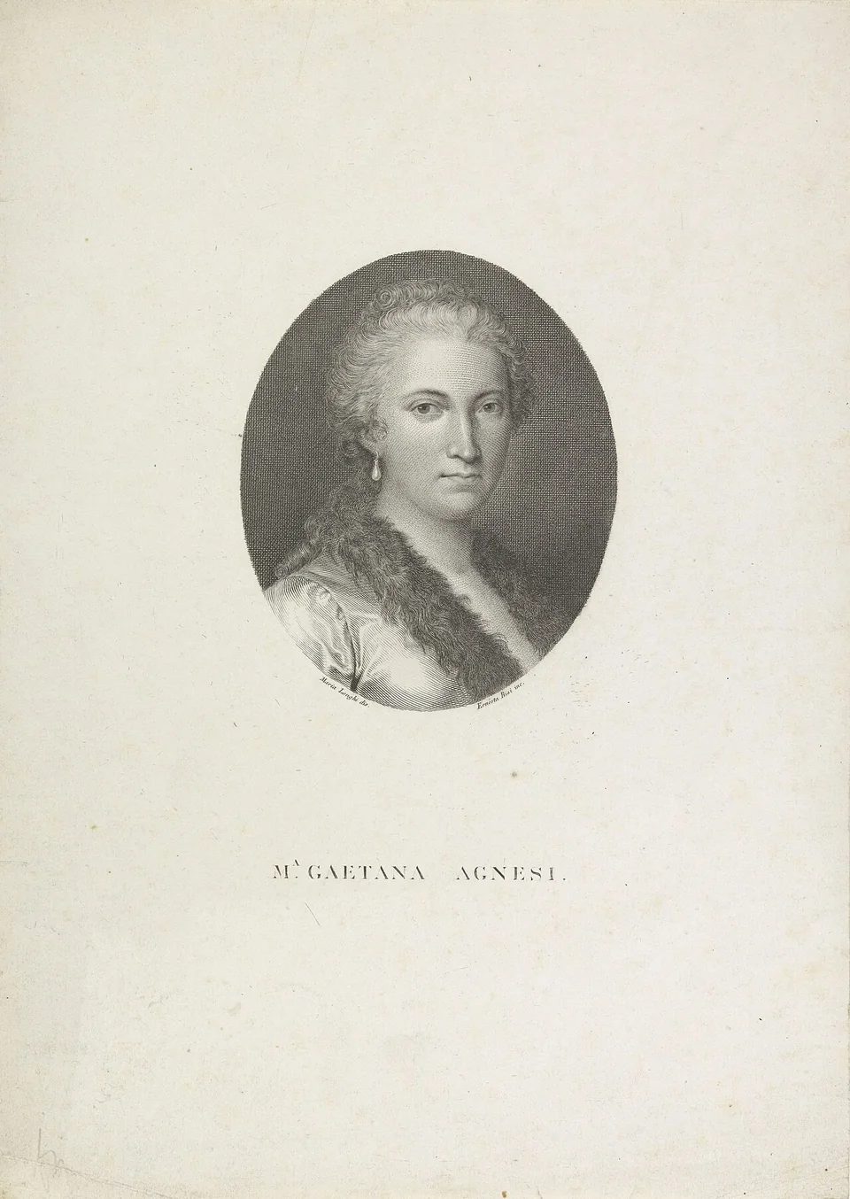 An engraved oval portrait of Maria Gaetana Agnesi, wearing a lace-trimmed dress, with her name printed below.
