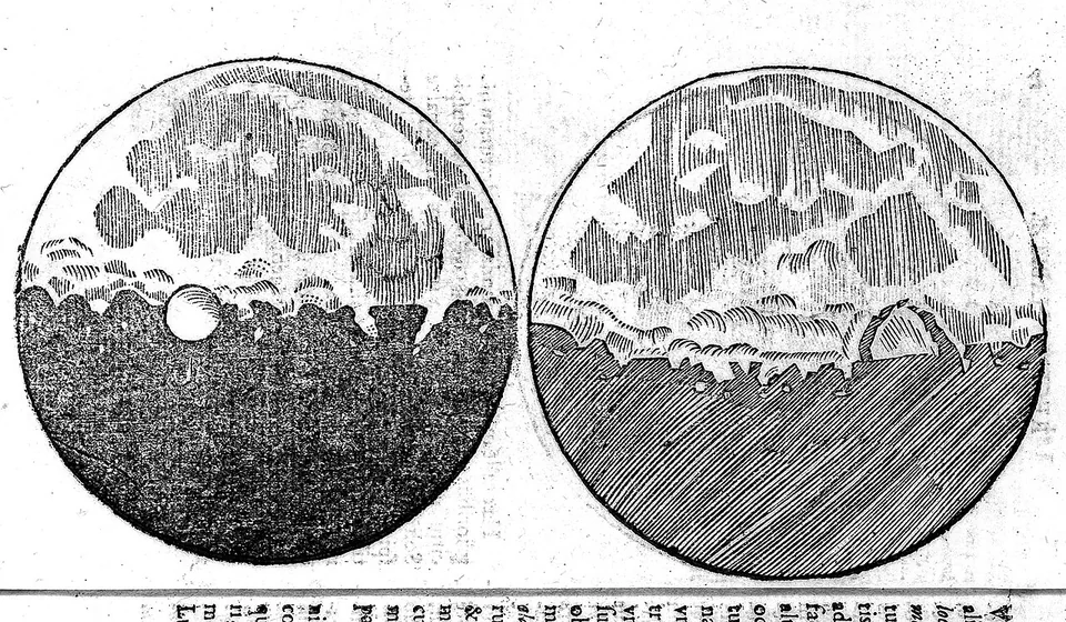 Two engraved views of the Moon from Galileo’s Sidereus nuncius, with craters and shadowed edges.