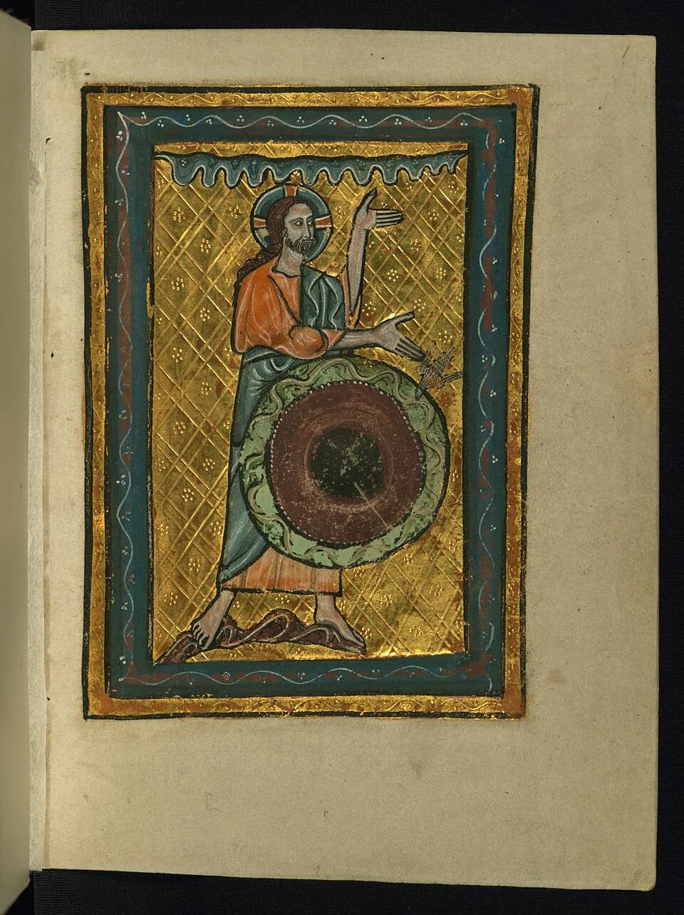 Medieval illuminated manuscript showing the first two days of Creation, with a robed figure, waters, and decorative gold and blue borders.