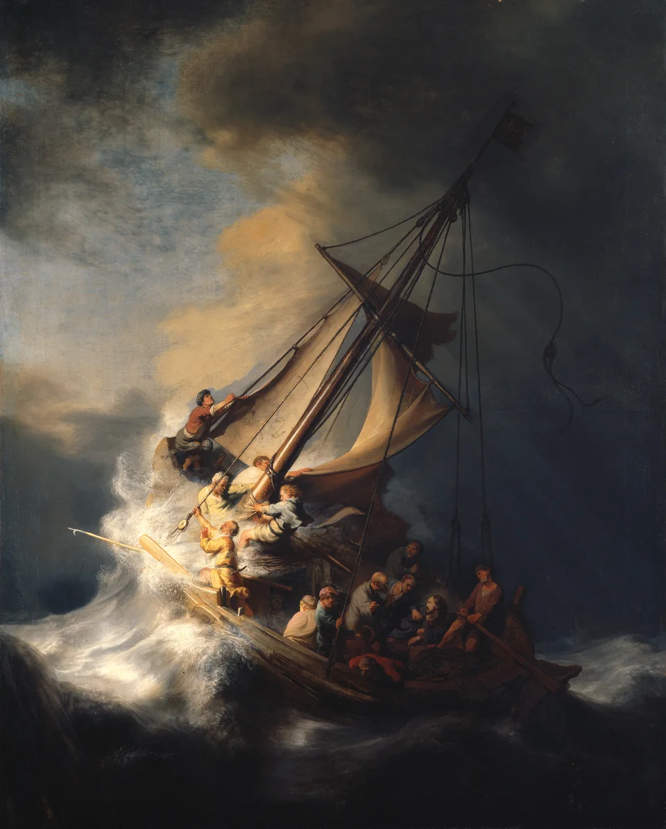 Rembrandt painting of a small sailing boat tossed by dark waves as the disciples gather around Christ.
