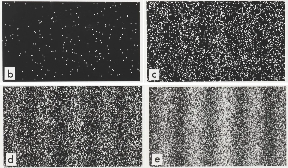 Four black-and-white experimental panels show scattered electron detections gradually forming alternating dense and sparse bands.