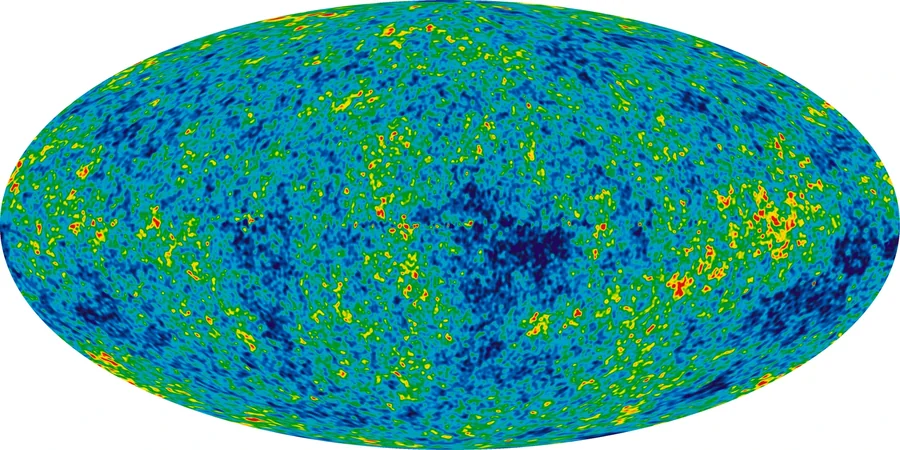 Oval full-sky map of cosmic microwave background temperature differences, with blue, green, yellow and red patches representing slightly cooler and warmer regions.