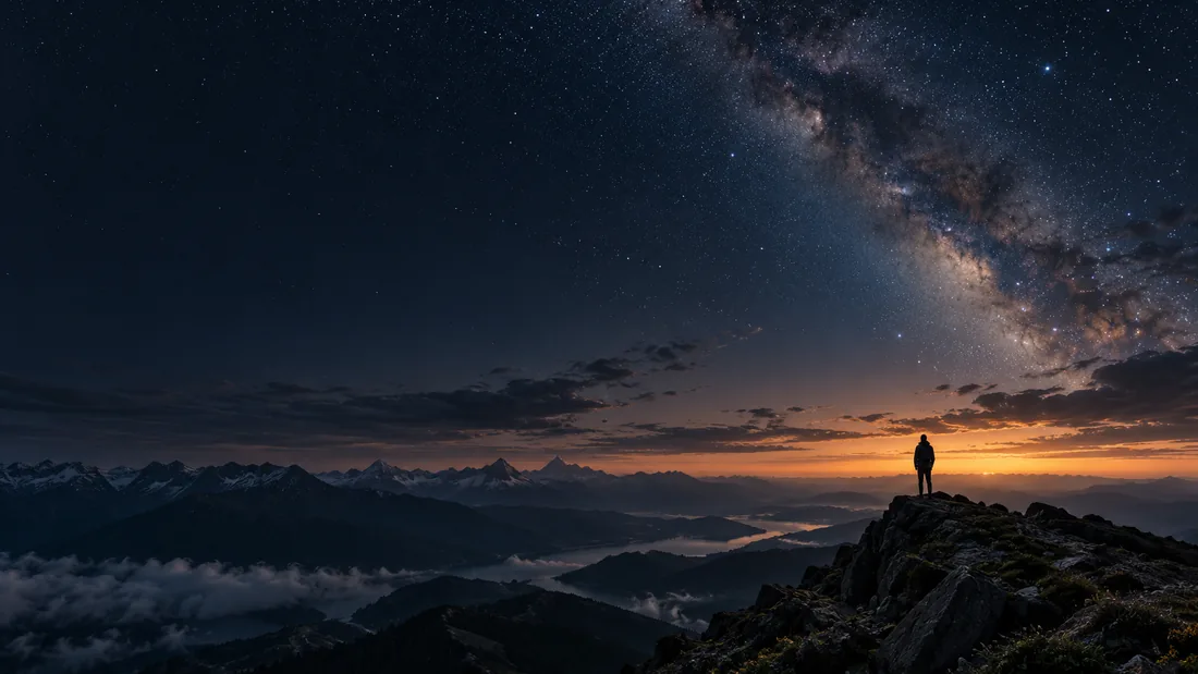 AI-generated illustration of an anonymous person standing on a mountain ridge beneath an immense twilight sky.
