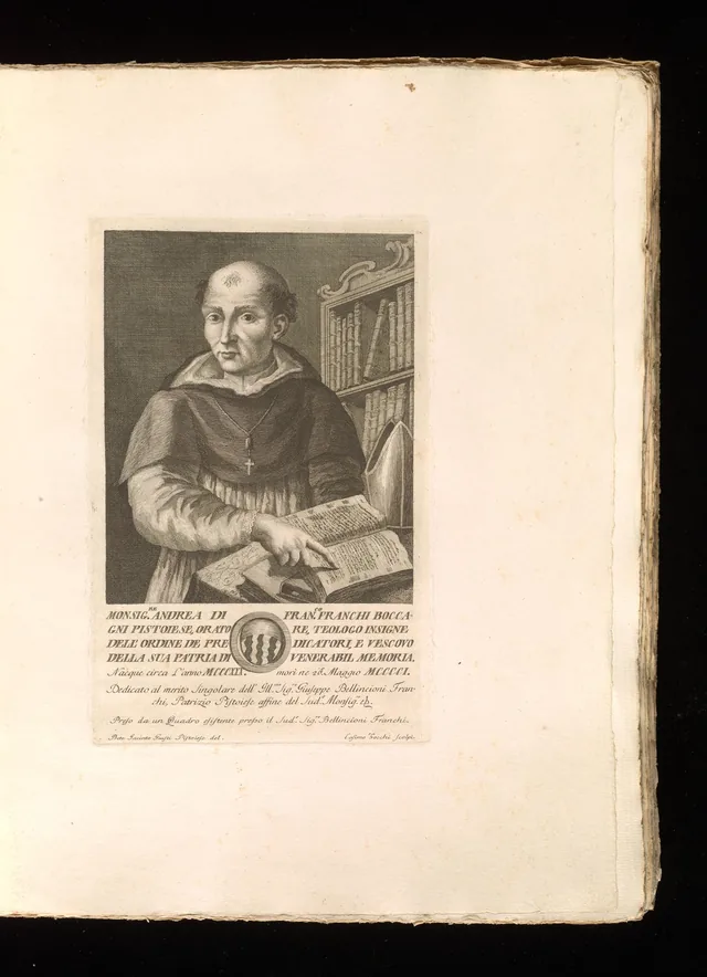 An eighteenth-century engraving of Andrew Franchi in Dominican dress, seated beside books.