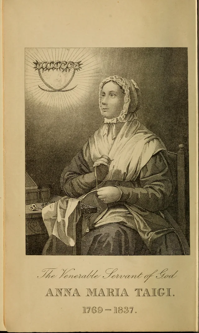 Anna Maria Taigi seated with a rosary in an engraved portrait published in 1874.