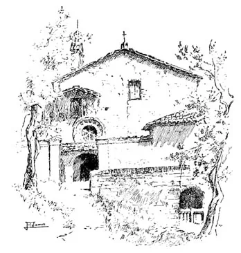 Historical pen drawing of the small church and courtyard at San Damiano in Assisi.