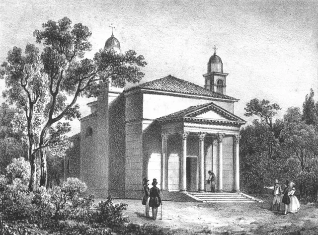Nineteenth-century engraving of the former Arcella sanctuary, with a classical columned porch and twin bell towers.