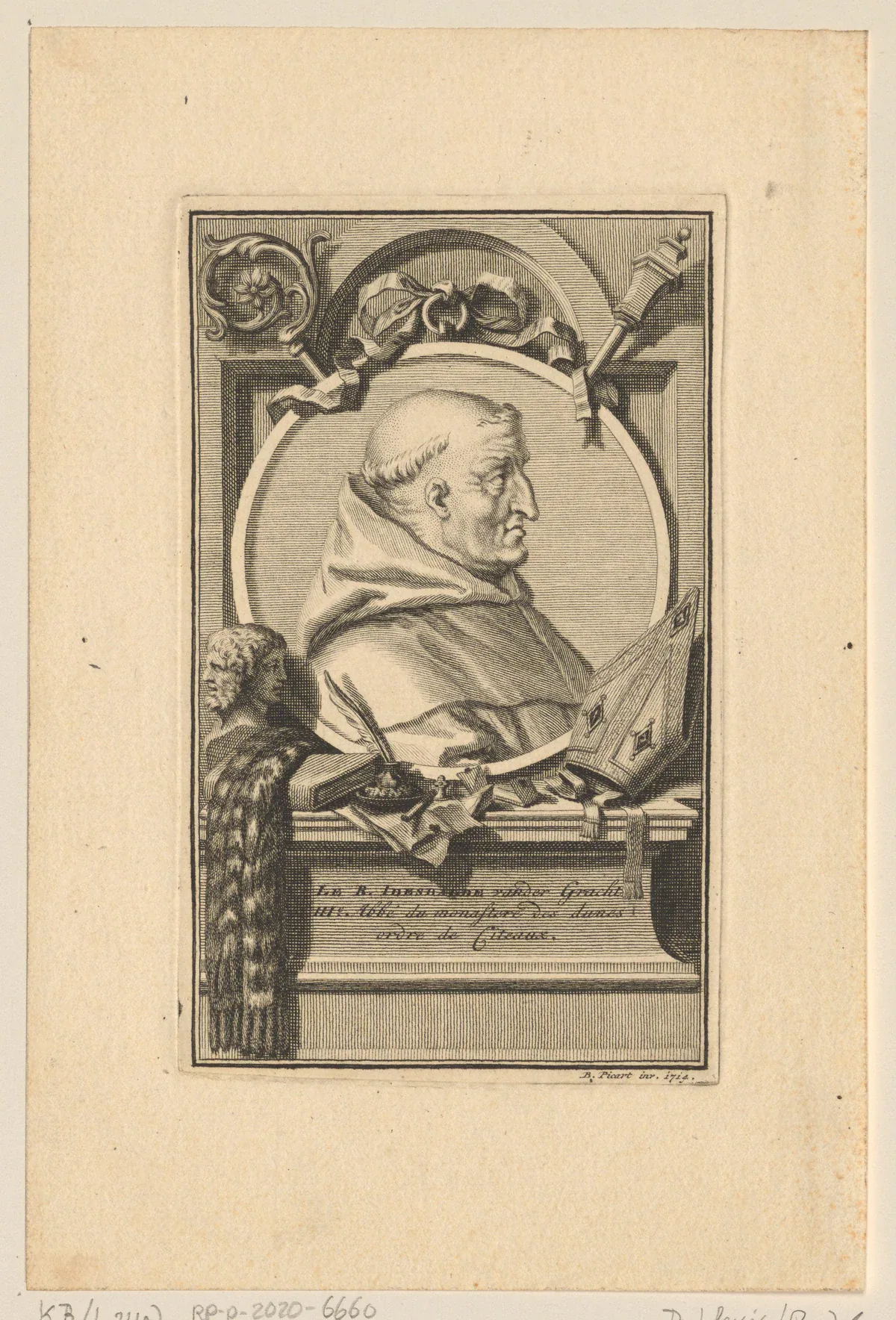 Bernard Picart (named on the object as printmaker), Portret van Idesbald van der Gracht [Portrait of Idesbald van der Gracht], 1714, engraving and etching on paper. Rijksmuseum, RP-P-2020-6660.