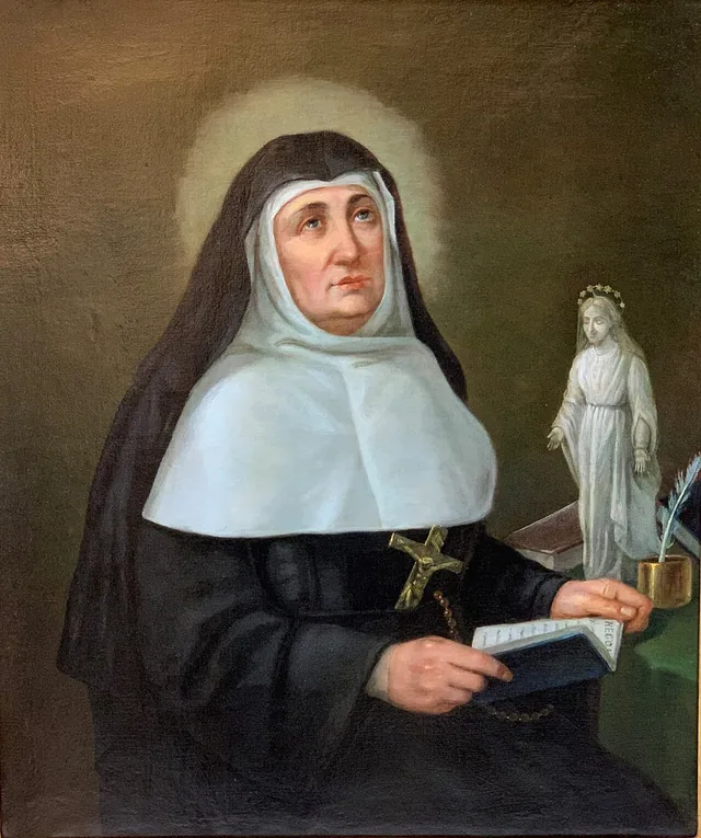 An eighteenth-century devotional portrait of Jeanne de Lestonnac from the Order of the Company of Mary.