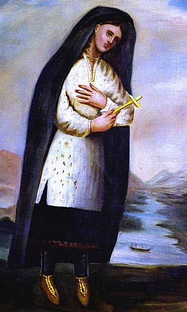 Claude Chauchetière's posthumous painted portrait of Kateri Tekakwitha. It supplies historical person context and does not depict the relic attributed to her at Midland.