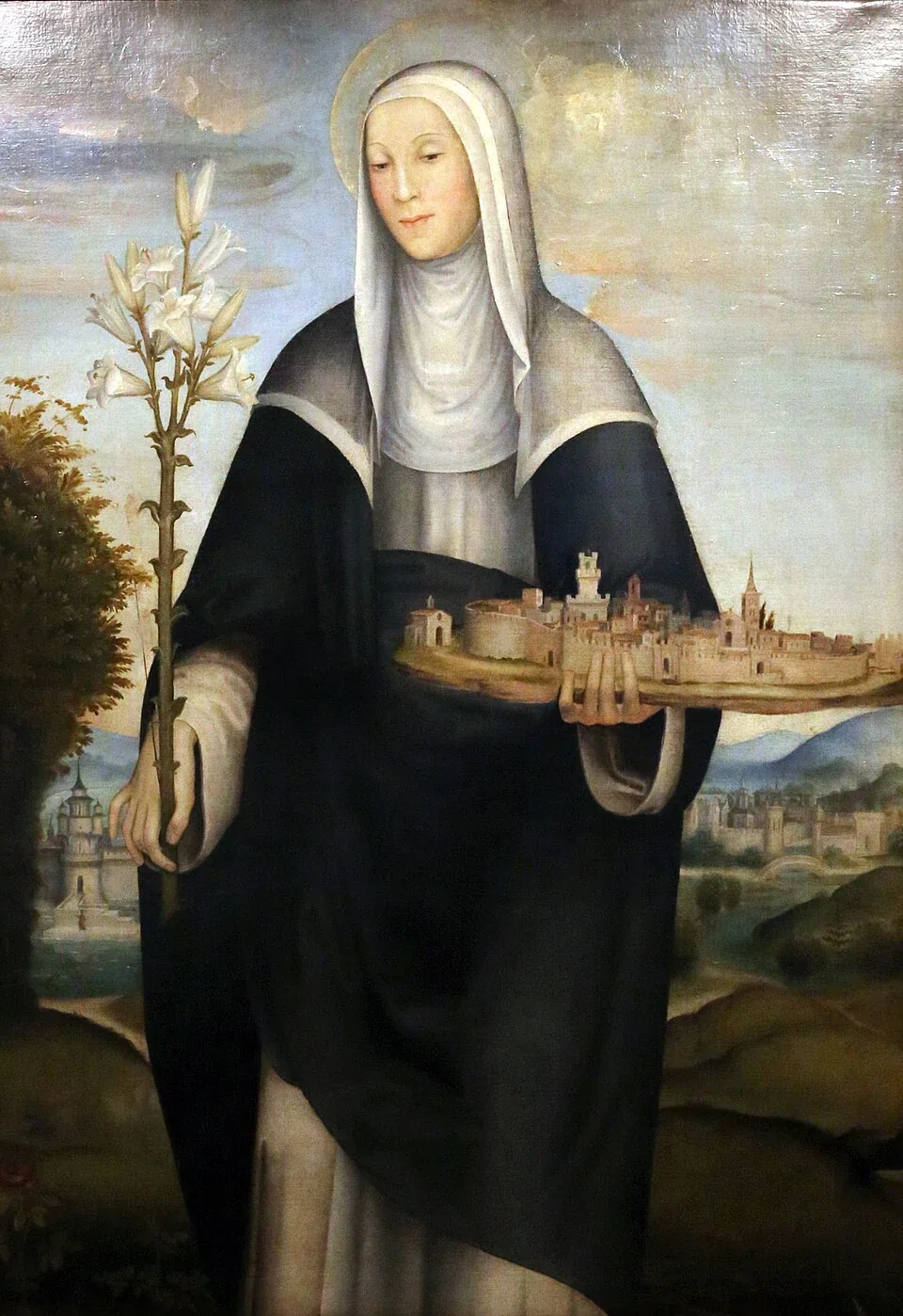 Saint Agnes of Montepulciano in a 1507 painting associated with Domenico Beccafumi; photograph by Sailko.