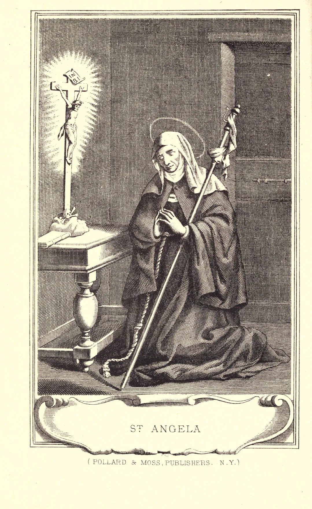 An 1880 engraving shows Angela Merici kneeling with a pilgrim’s staff before a crucifix.