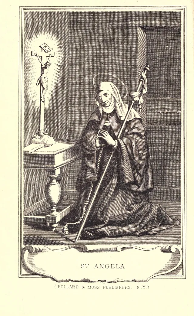 An 1880 engraving shows Angela Merici kneeling with a pilgrim’s staff before a crucifix.