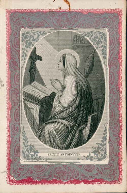 Historical devotional print of Antonia kneeling with folded hands beside a crucifix and open book.