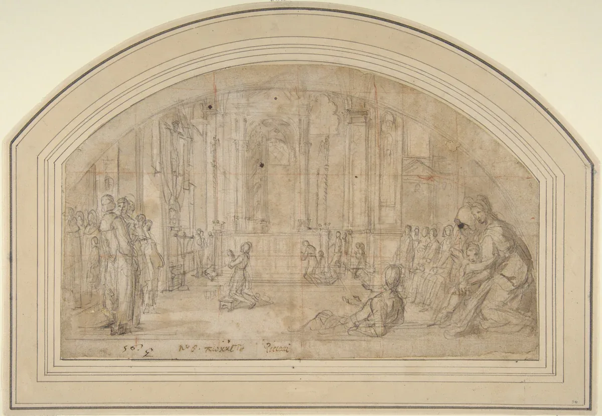 Bernardino Poccetti’s 1600–1605 preparatory drawing of Saint Antoninus kneeling before the crucifix in Orsanmichele, Florence, made as a study for a fresco from the saint’s life.