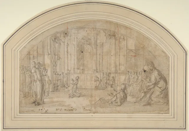 Bernardino Poccetti’s 1600–1605 preparatory drawing of Saint Antoninus kneeling before the crucifix in Orsanmichele, Florence, made as a study for a fresco from the saint’s life.