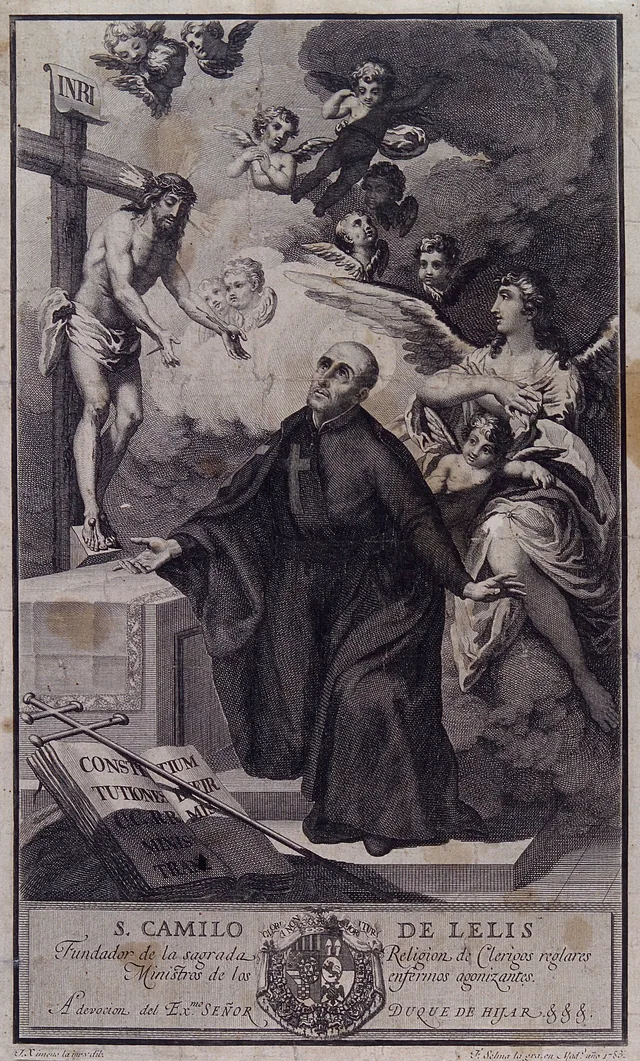 Saint Camillus de Lellis before Christ on the cross, 1783, line engraving by Fernando Selma after José Ximeno. Wellcome Collection, 4527i (V0031776).