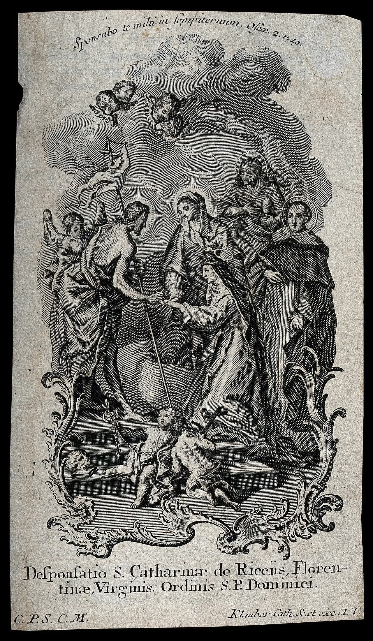 Saint Catherine of Ricci. Engraving by C. Klauber (Catharina Klauber), Wellcome Collection, V0031848. A later devotional representation of the mystical marriage, not a documentary image.