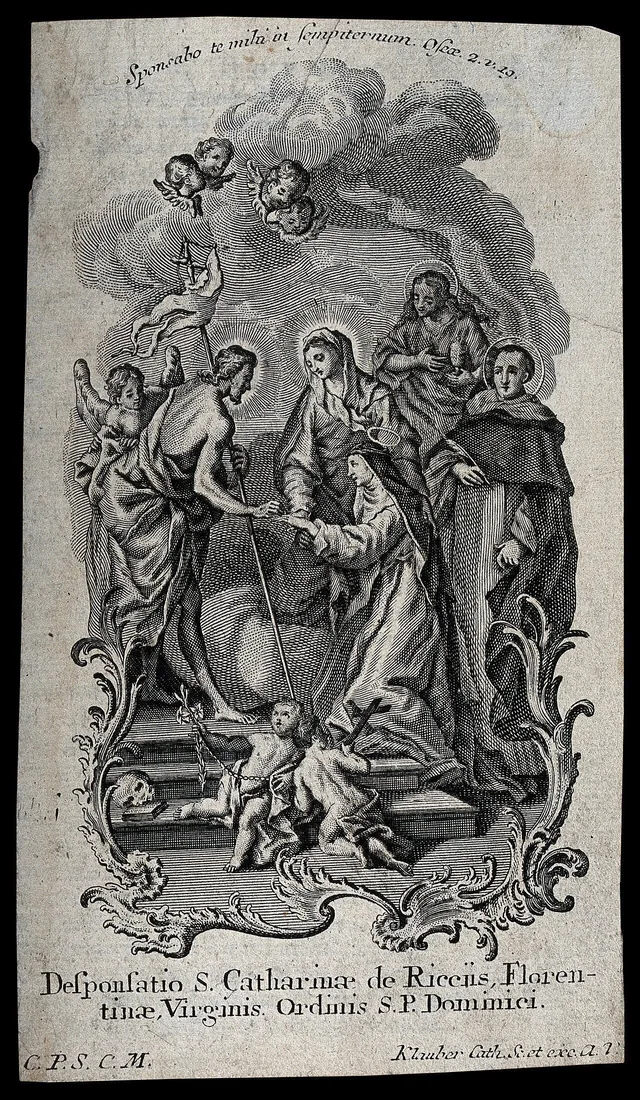 Saint Catherine of Ricci. Engraving by C. Klauber (Catharina Klauber), Wellcome Collection, V0031848. A later devotional representation of the mystical marriage, not a documentary image.