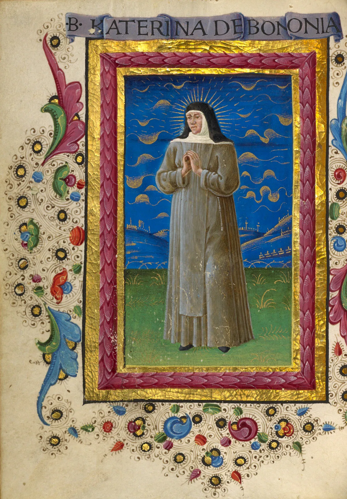 Saint Catherine of Bologna, illuminated folio from the Gualenghi-d’Este Hours, about 1469, by Guglielmo Giraldi. Tempera colors, gold paint, gold leaf, and ink. The J. Paul Getty Museum, Ms. Ludwig IX 13 (83.ML.109), fol. 185v.