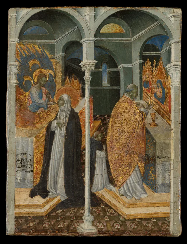 Giovanni di Paolo’s The Miraculous Communion of Saint Catherine of Siena, a tempera-and-gold panel from a narrative cycle commissioned after Catherine’s 1461 canonization. It presents the reported episode as devotional art.