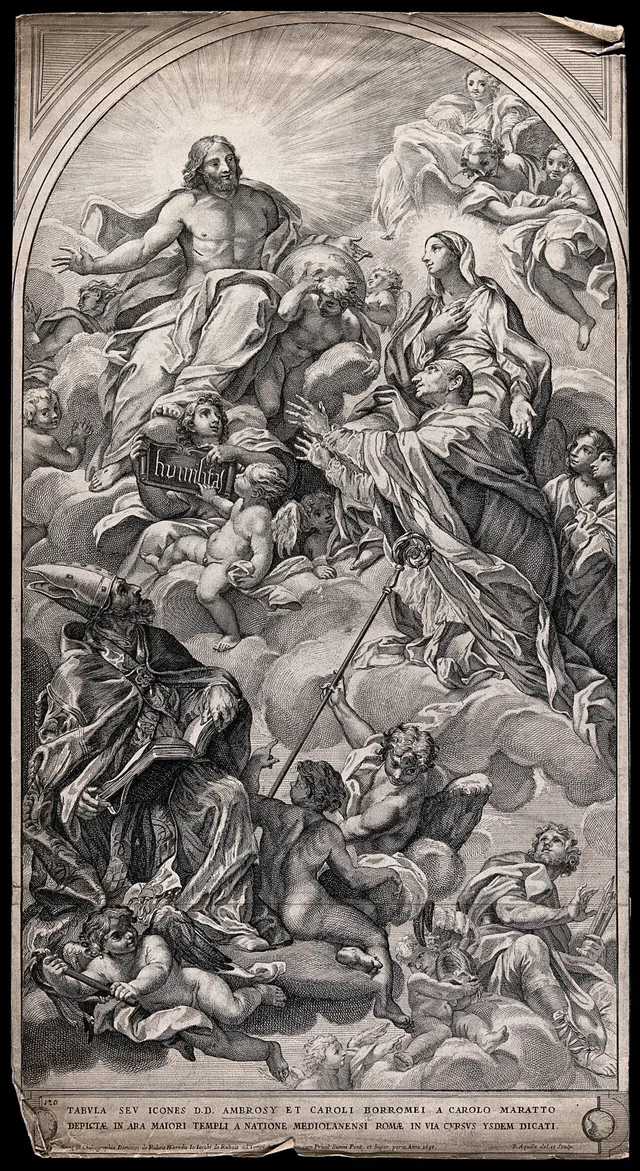 Christ with Saint Ambrose, Saint Mary, Saint Charles Borromeo, Saint Thomas the Apostle and angels. P. Aquila after Carlo Maratta, 1693; Wellcome Collection, 10812i. A UK-held historical etching, not a photograph of the Italian altarpiece or Borromeo’s remains.
