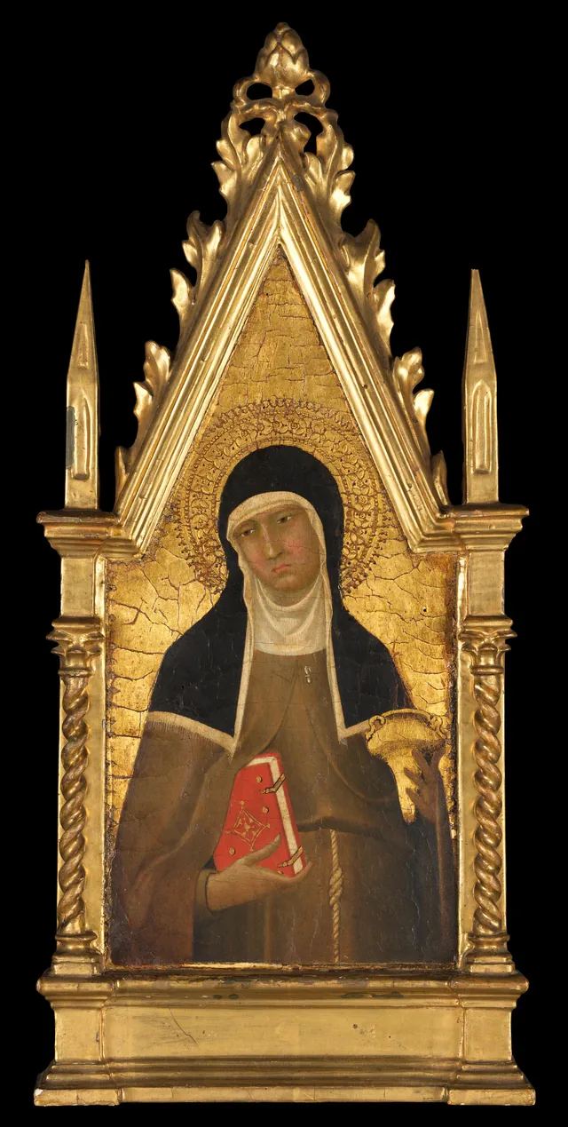 Lippo Memmi’s Saint Clare (ca. 1330), a tempera-and-gold panel showing Clare in the habit of the Poor Clares with a book and flaming lamp. The Met identifies it as a reframed pinnacle from an altarpiece made around 1325–30 for San Francesco in San Gimignano.