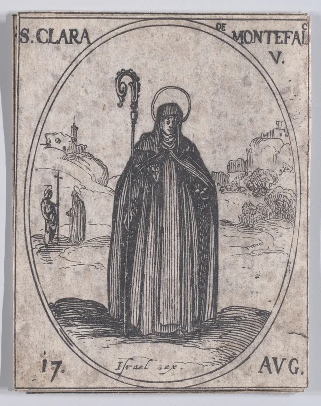 Saint Clare of Montefalco, August 17, from Les Images de tous les saints et saintes de l’année, 1636, etching by Jacques Callot, published by Israël Henriet. The Metropolitan Museum of Art, 17.50.17-371(280).