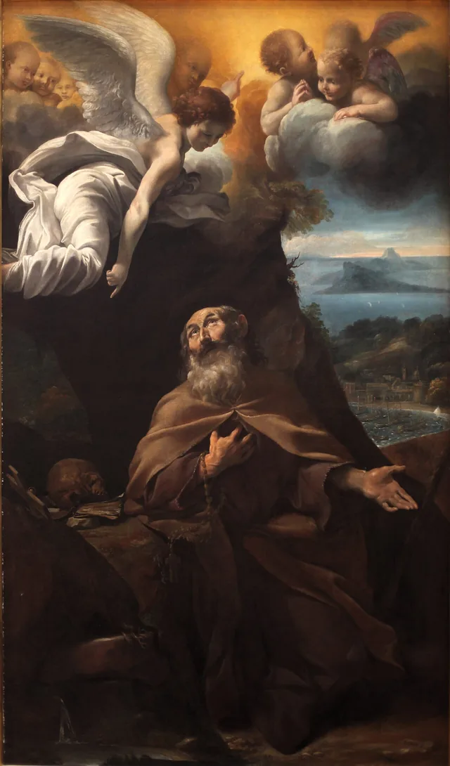 A bearded Conrad Confalonieri looks upward in prayer, with angels above him and a skull beside him.