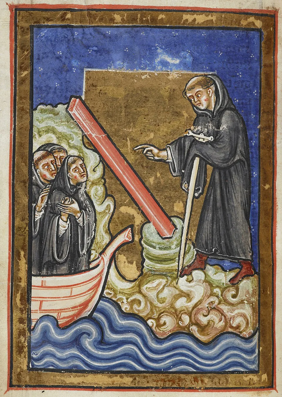 Cuthbert discovers a timber washed in with the tide, from a late-twelfth-century manuscript of his life.