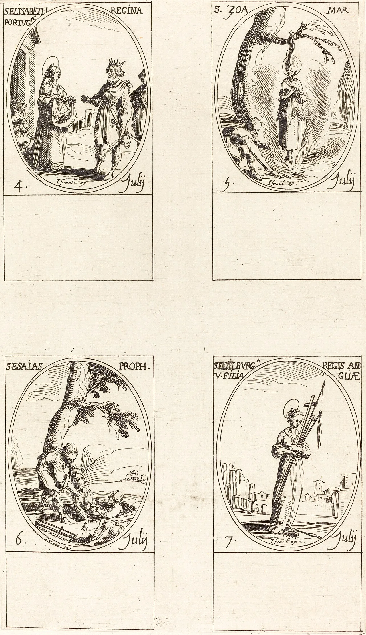 Jacques Callot, St. Elizabeth of Portugal; St. Zoe; St. Isaiah, Prophet; St. Edelburge. R. L. Baumfeld Collection, National Gallery of Art, 1969.15.697. The full sheet is retained; Elizabeth is one of four devotional scenes.