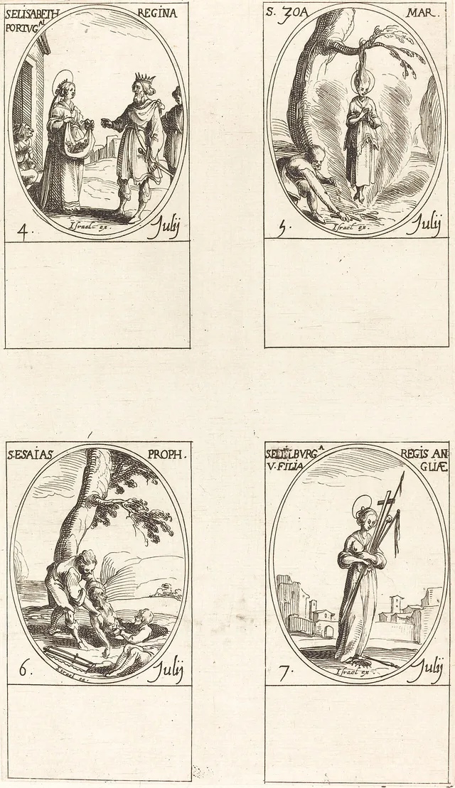 Jacques Callot, St. Elizabeth of Portugal; St. Zoe; St. Isaiah, Prophet; St. Edelburge. R. L. Baumfeld Collection, National Gallery of Art, 1969.15.697. The full sheet is retained; Elizabeth is one of four devotional scenes.