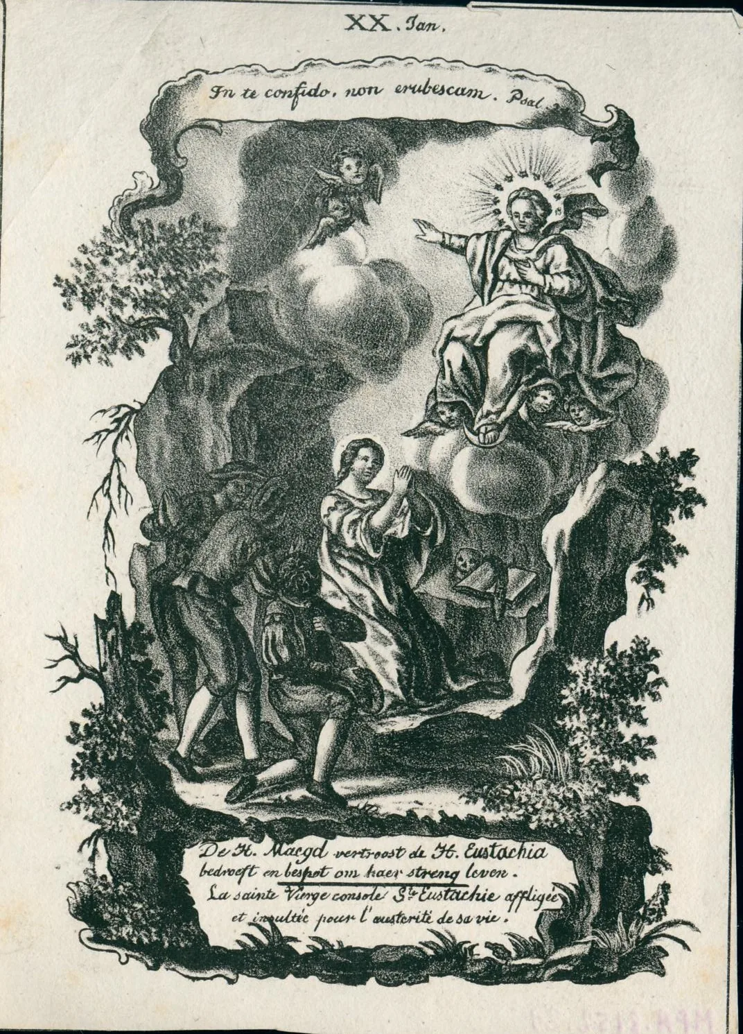 Historical devotional engraving of a kneeling religious figure beneath Mary and the Christ Child.