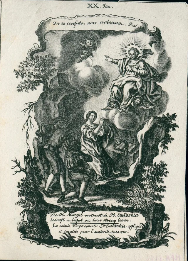 Historical devotional engraving of a kneeling religious figure beneath Mary and the Christ Child.