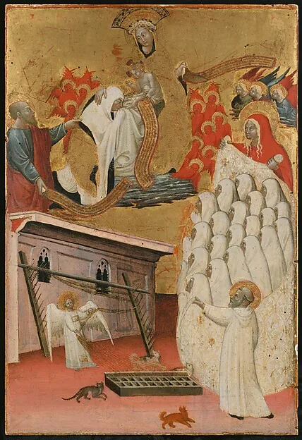 A fifteenth-century panel shows Frances of Rome kneeling before the Virgin and Christ, with angelic figures above a convent interior.