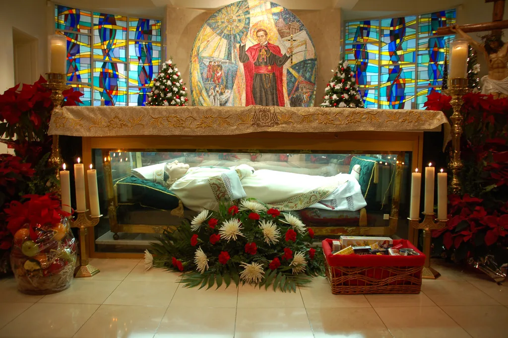 John Neumann’s conserved relic display in Philadelphia, photographed in January 2007. The face is a wax mask; this predates the change of vestments recorded in December 2007.