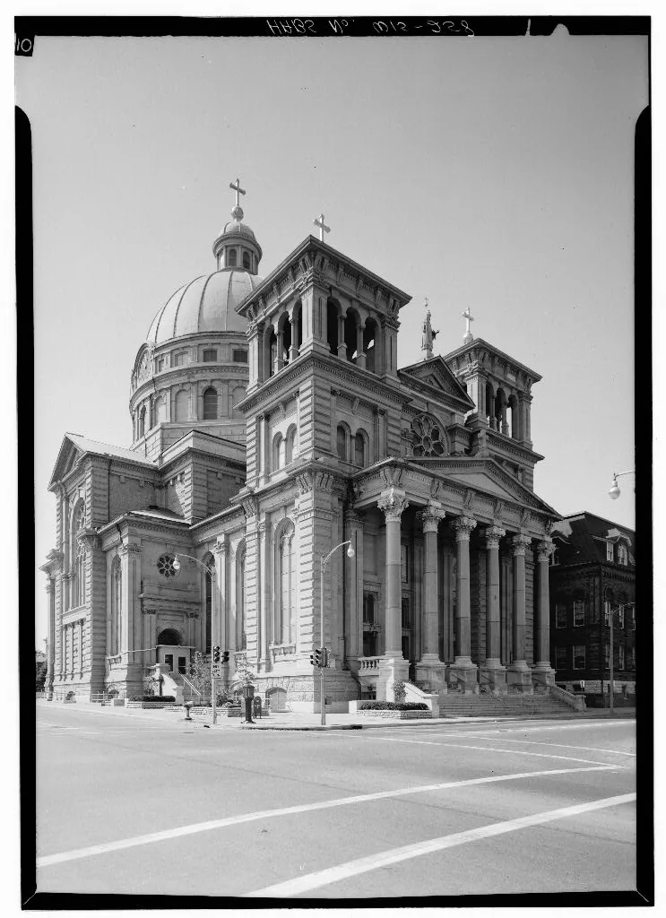 The Basilica of Saint Josaphat in Milwaukee, viewed from the northeast in 1969. The parish and church were named for Saint Josaphat Kuntsevych, also known as John Kuncevic.
