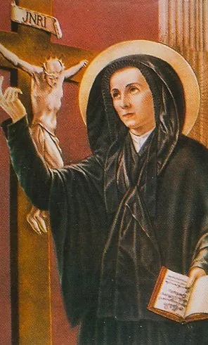 Historical devotional portrait of Lucy Filippini in a black religious habit, holding a crucifix beside an open book.