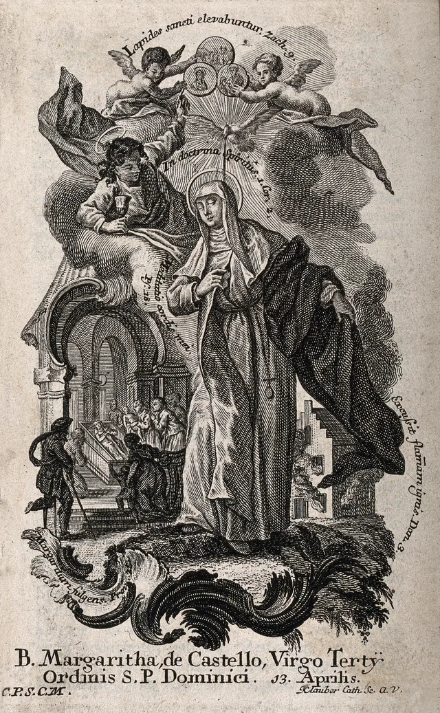 Historical devotional etching of Margaret of Castello in a Dominican habit, surrounded by angels and scenes of her life.