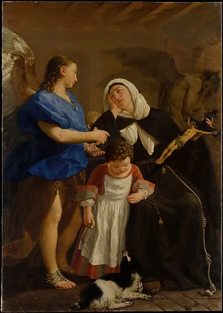 Margaret of Cortona in a dark habit, with an angel, child, dog and crucifix in Gaspare Traversi’s painting.