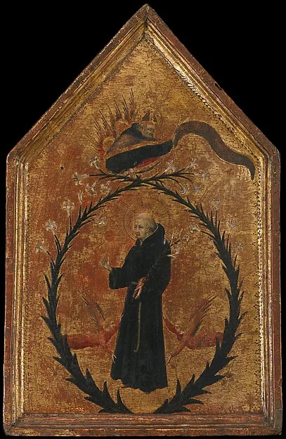 Nicholas of Tolentino stands in a ring of angelic figures on the gold ground of a fifteenth-century panel.