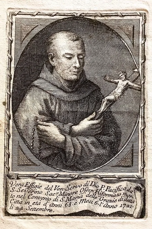 Eighteenth-century etched portrait of Pacificus in a Franciscan habit holding a crucifix.
