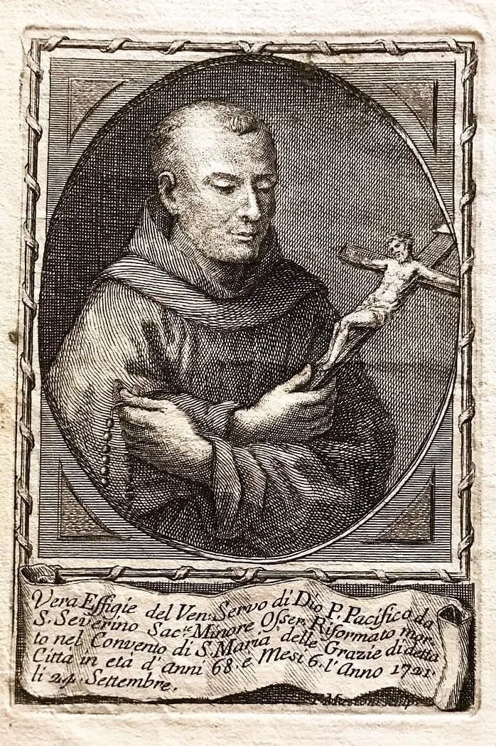 Eighteenth-century etched portrait of Pacificus in a Franciscan habit holding a crucifix.