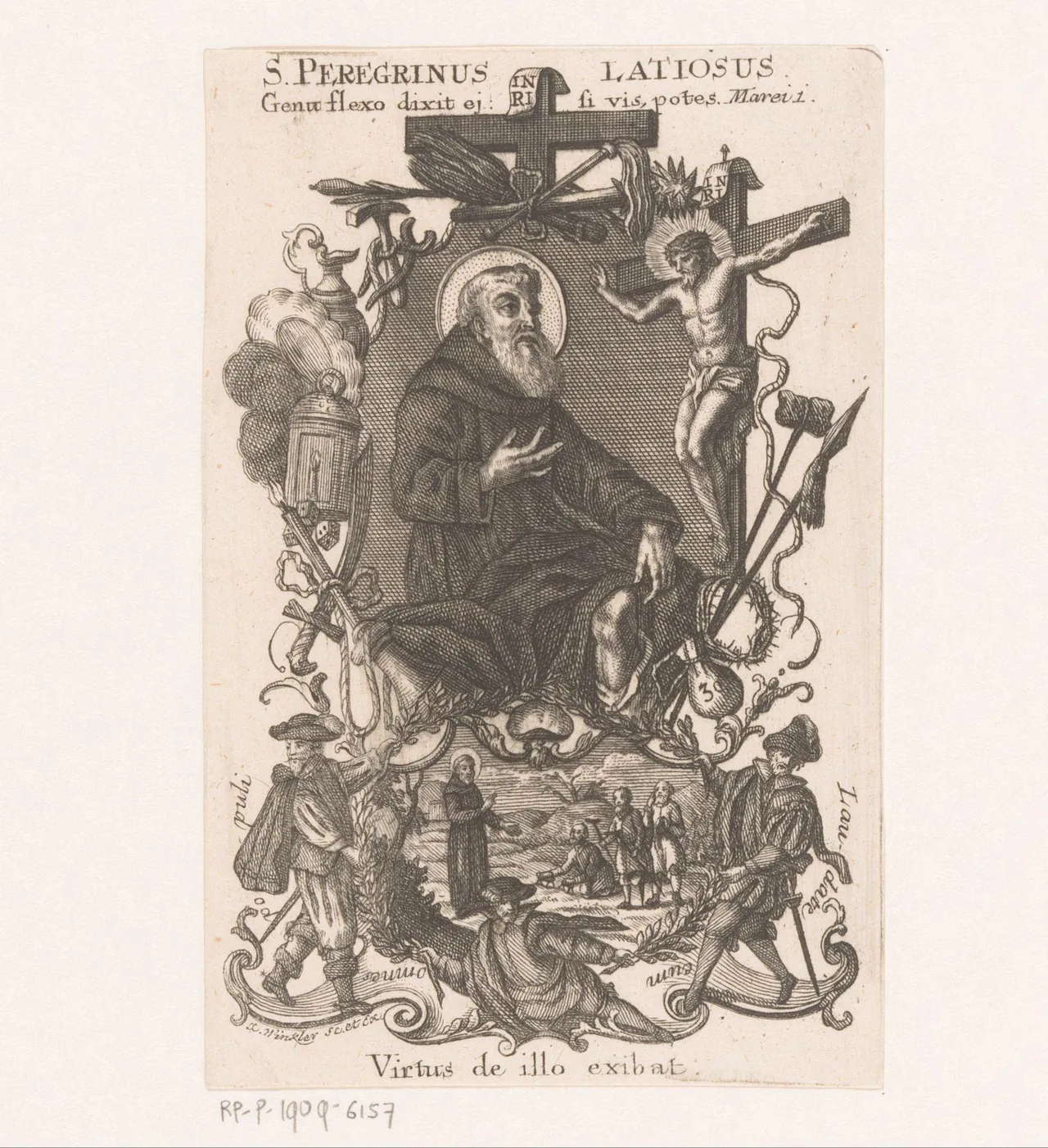 Saint Peregrine Laziosi with the Crucifix and instruments of the Passion, 1717–c.1770, engraving and etching by Johann Christoph Winkler, whose name appears on the print. Rijksmuseum, RP-P-1909-6157. The surviving sheet was trimmed within the plate mark; the museum’s digital file is a cropped institutional derivative.