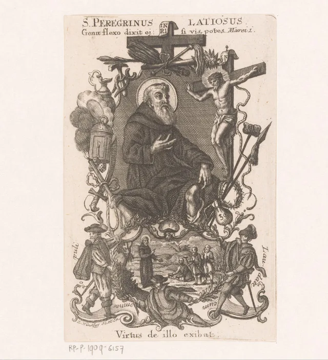 Saint Peregrine Laziosi with the Crucifix and instruments of the Passion, 1717–c.1770, engraving and etching by Johann Christoph Winkler, whose name appears on the print. Rijksmuseum, RP-P-1909-6157. The surviving sheet was trimmed within the plate mark; the museum’s digital file is a cropped institutional derivative.