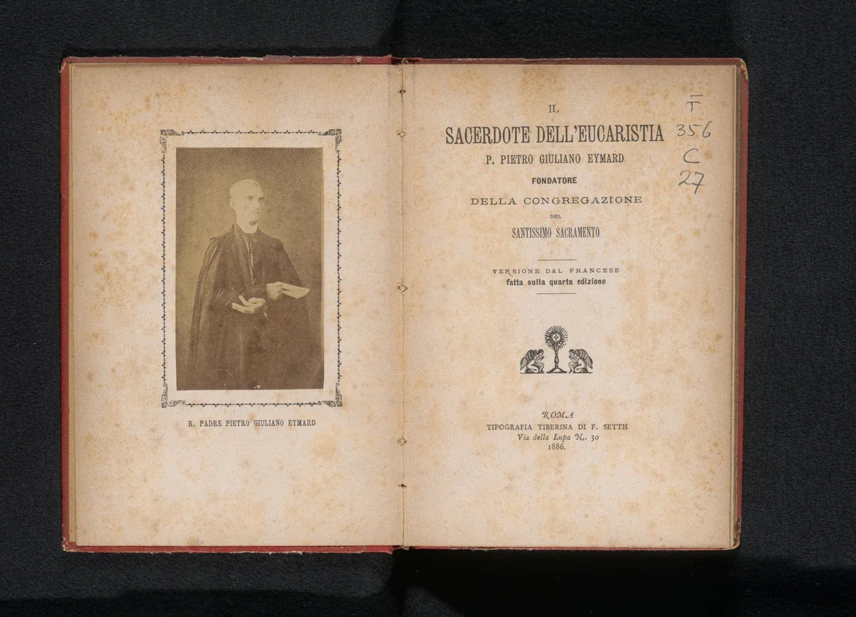 An anonymous albumen portrait of Peter Julian Eymard, made before his death in 1868 and reproduced as the frontispiece of an 1886 Italian volume; Rijksmuseum object RP-F-2001-7-666-1.