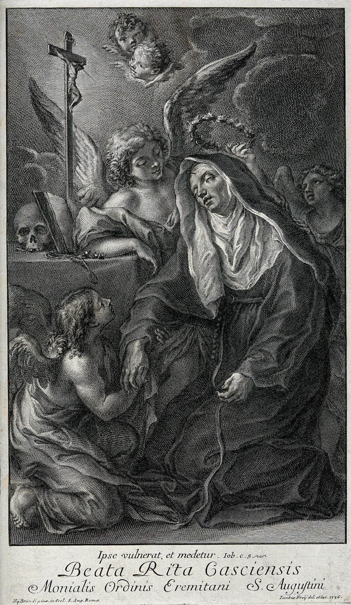 Saint Rita of Cascia receiving a thorn from Christ’s crown, 1736, line engraving by Johann Jakob Frey the Elder after Giacinto Brandi. Wellcome Collection, 3490i (V0031636).