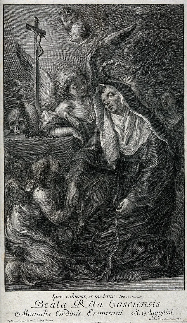 Saint Rita of Cascia receiving a thorn from Christ’s crown, 1736, line engraving by Johann Jakob Frey the Elder after Giacinto Brandi. Wellcome Collection, 3490i (V0031636).